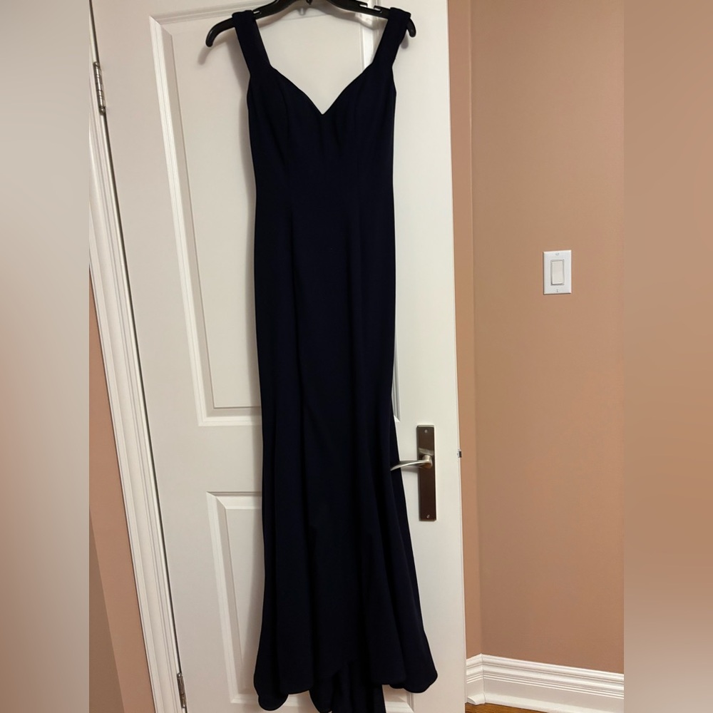 Sherri Hill Navy Off the Shoulder Gown